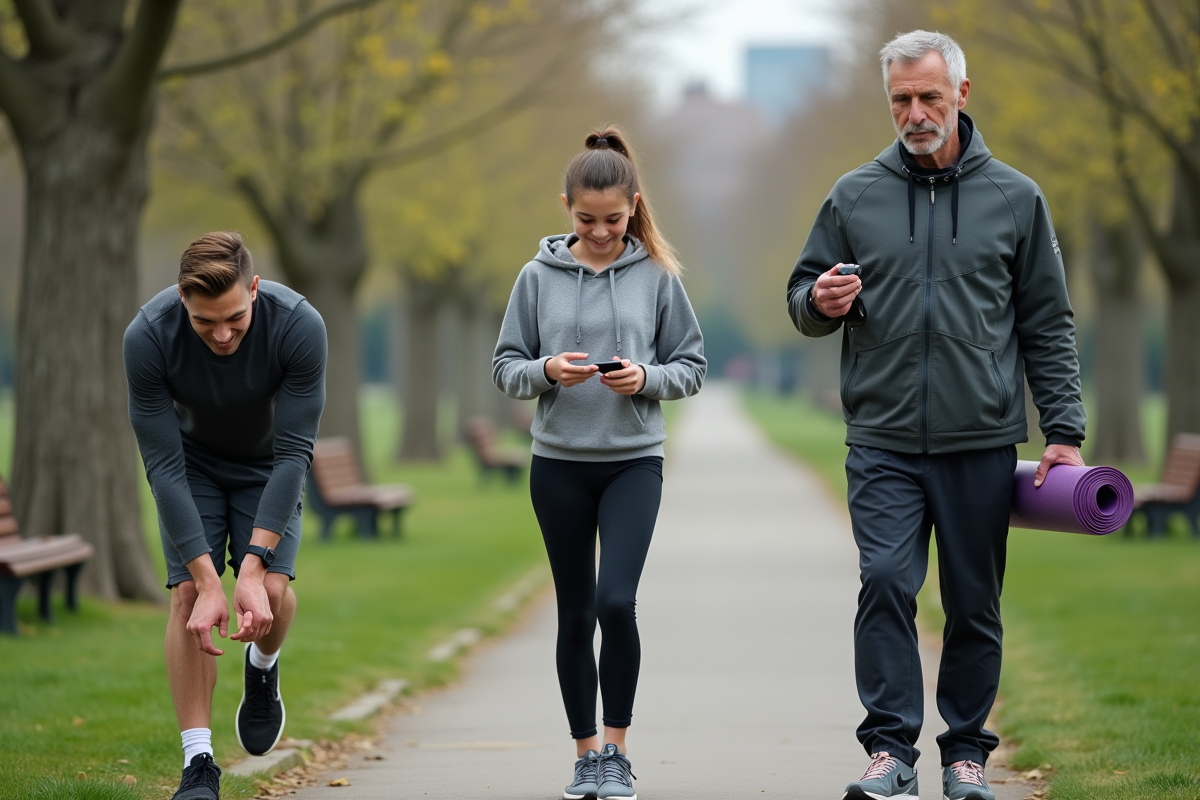 Jeune homme et femme faisant du sport dans un parc