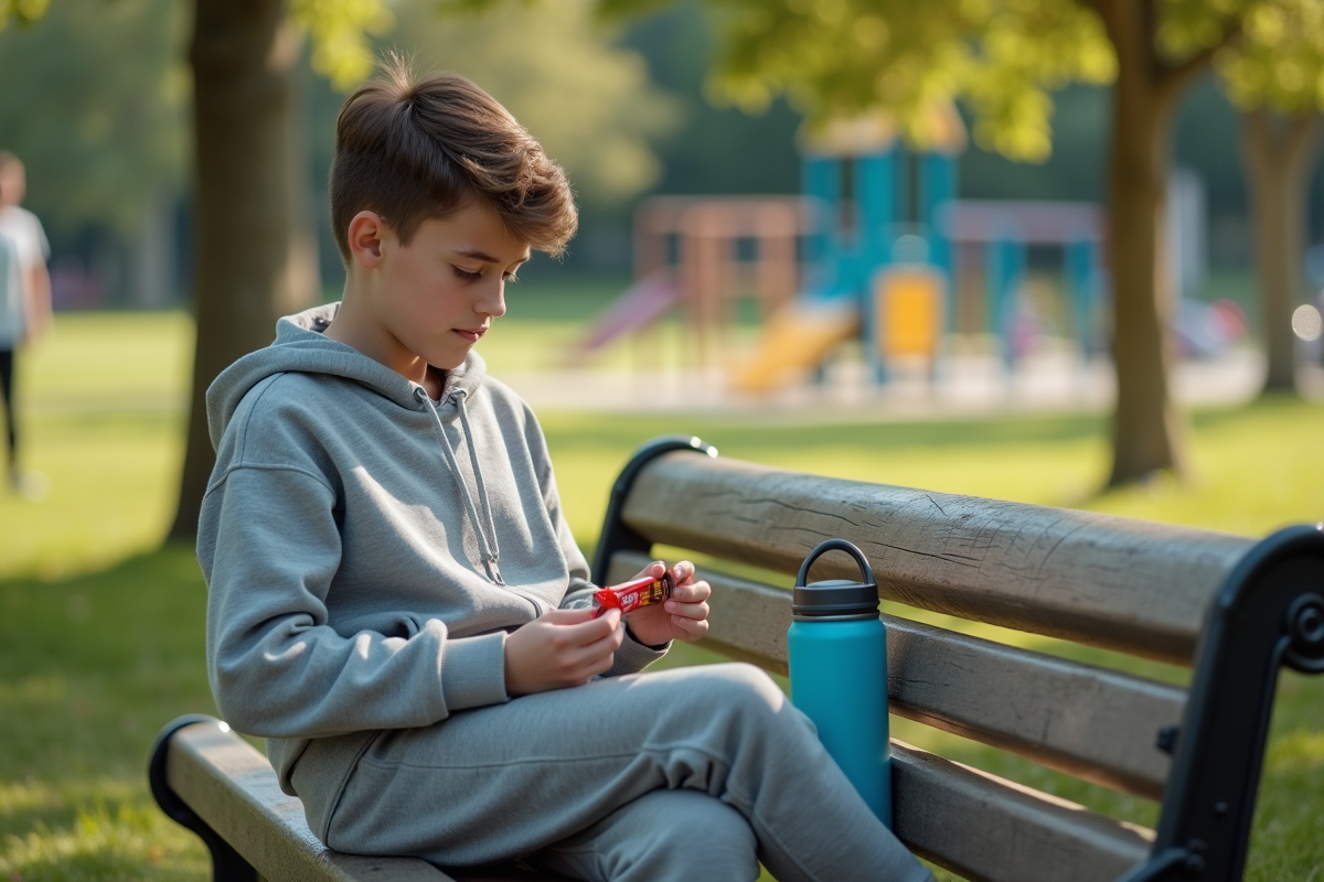 Adolescent dans un parc ouvrant une barre énergétique