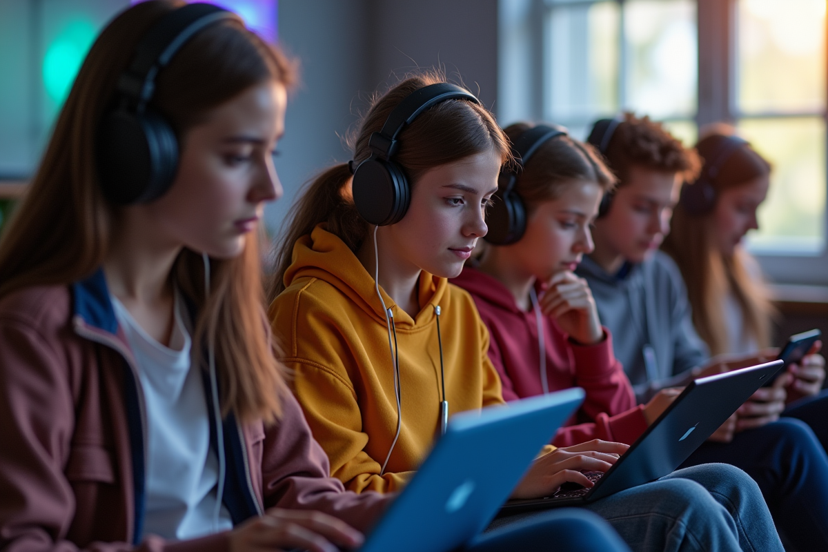 Groupe d adolescents avec écouteurs concentrés sur leurs appareils