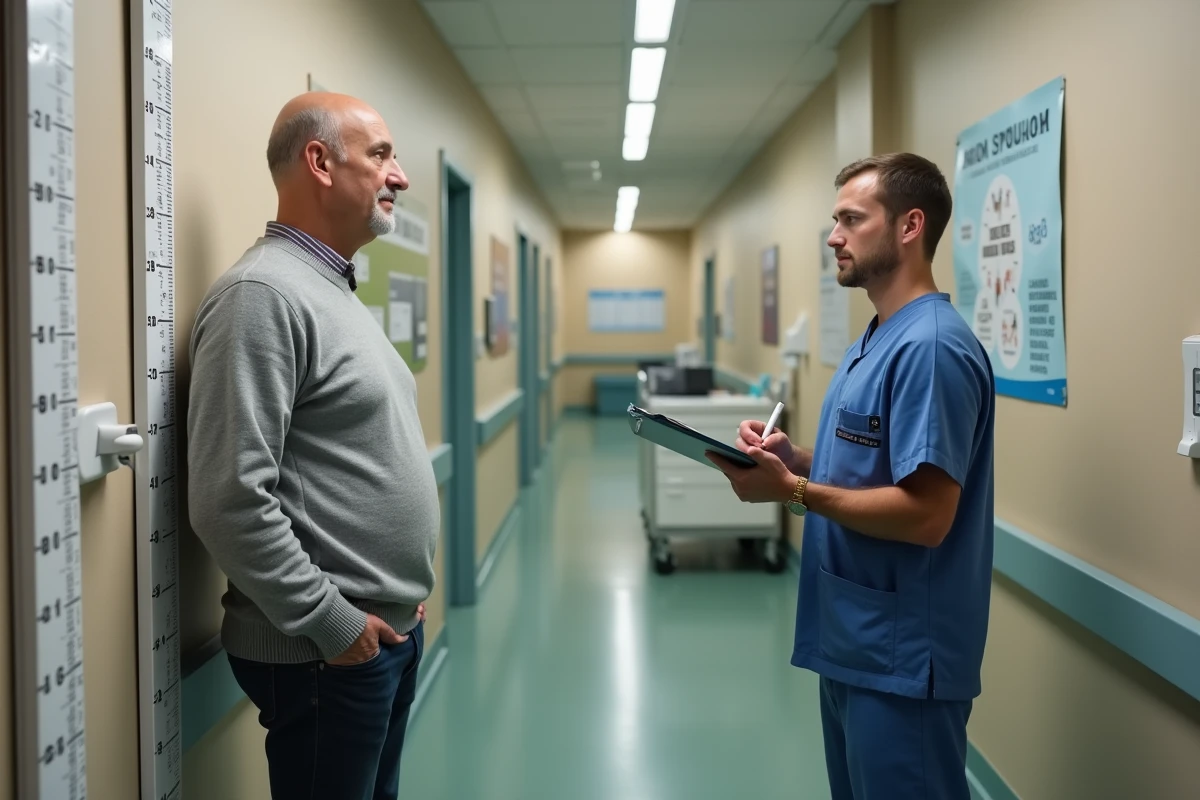 Adulte de petite taille mesuré par un stadiomètre médical dans un couloir de clinique endocrinologique