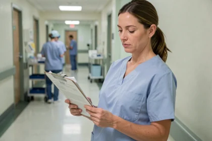 Aide soignante contractuelle en tenue médicale bleue consultant un dossier administratif dans un couloir d'hôpital