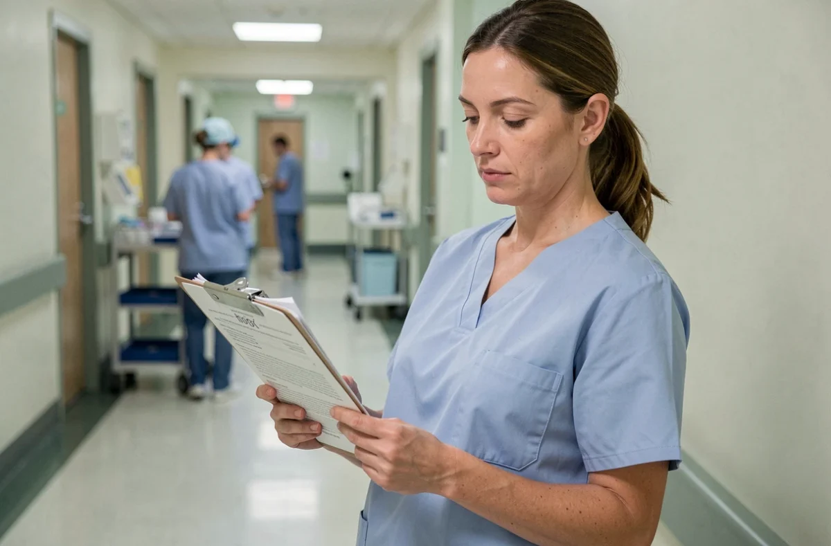 Aide soignante contractuelle en tenue médicale bleue consultant un dossier administratif dans un couloir d'hôpital