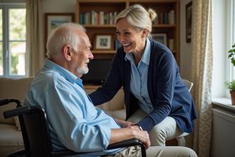 Aide-soignante aidant un homme en fauteuil dans un salon chaleureux