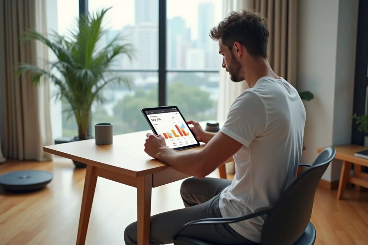 Homme analysant ses données de composition corporelle sur tablette avec une balance impédancemètre connectée à domicile