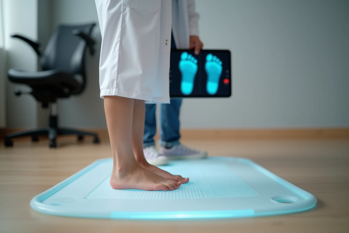 Pieds plats d'un enfant analysés sur un tapis de pression numérique lors d'une consultation podologique