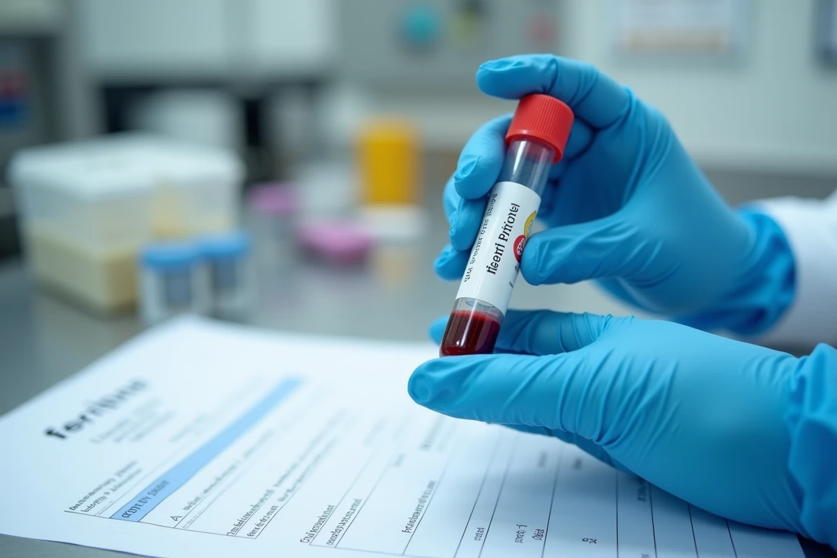 Tube de prise de sang pédiatrique tenu par un technicien de laboratoire avec un rapport d'analyse montrant un taux de ferritine élevé