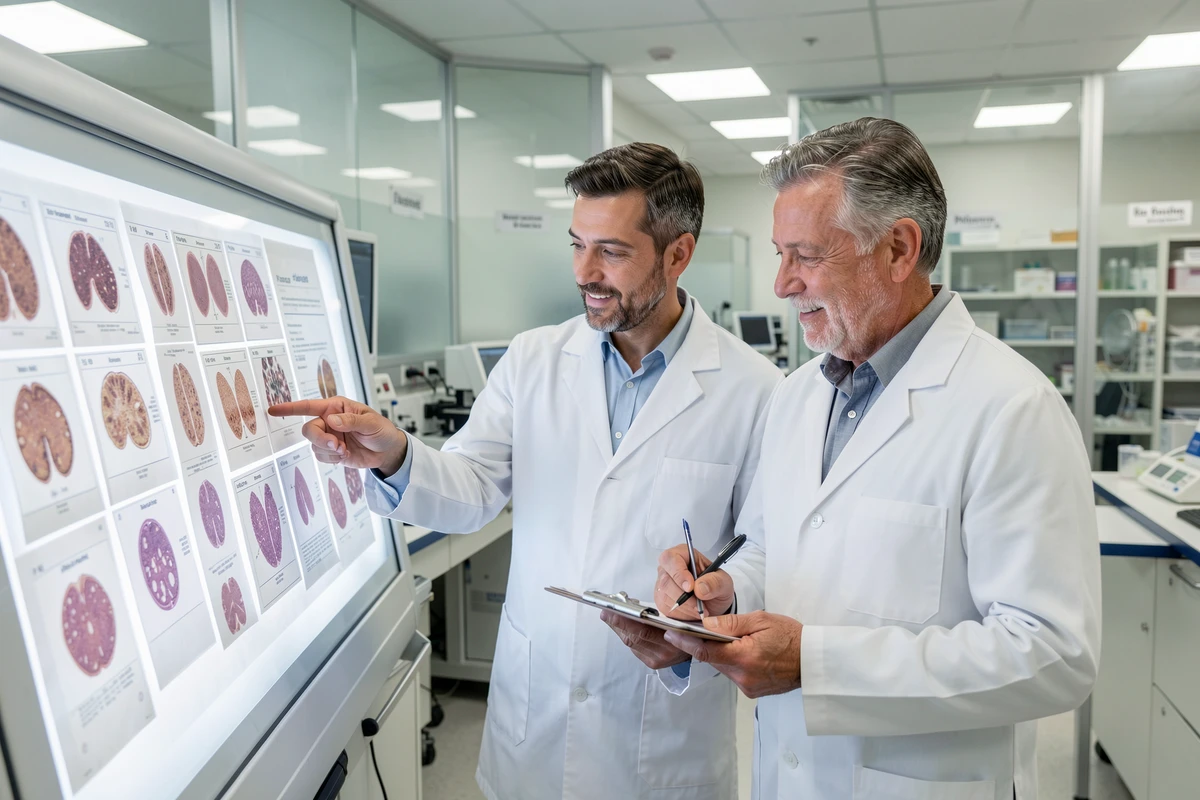Deux anatomopathologistes collaborant sur l'analyse de biopsies dans un service d'anatomie pathologique hospitalier
