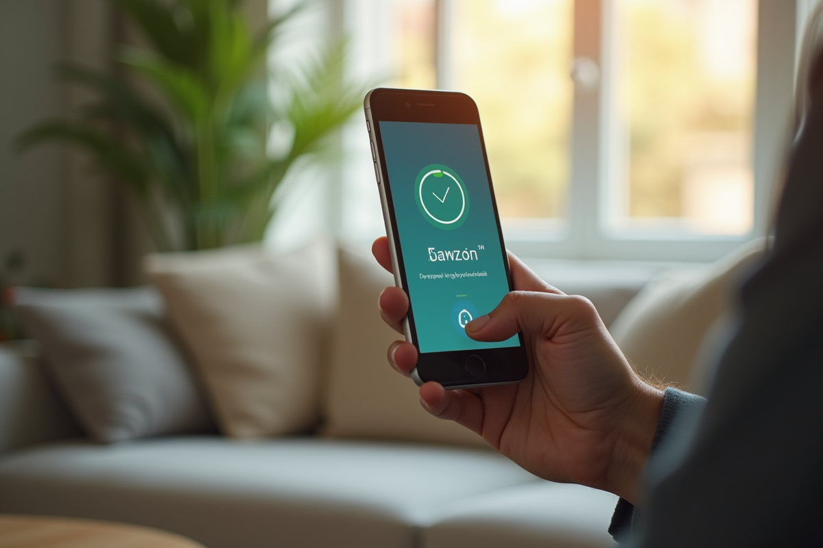 Main masculine tenant smartphone avec alerte saturation faible