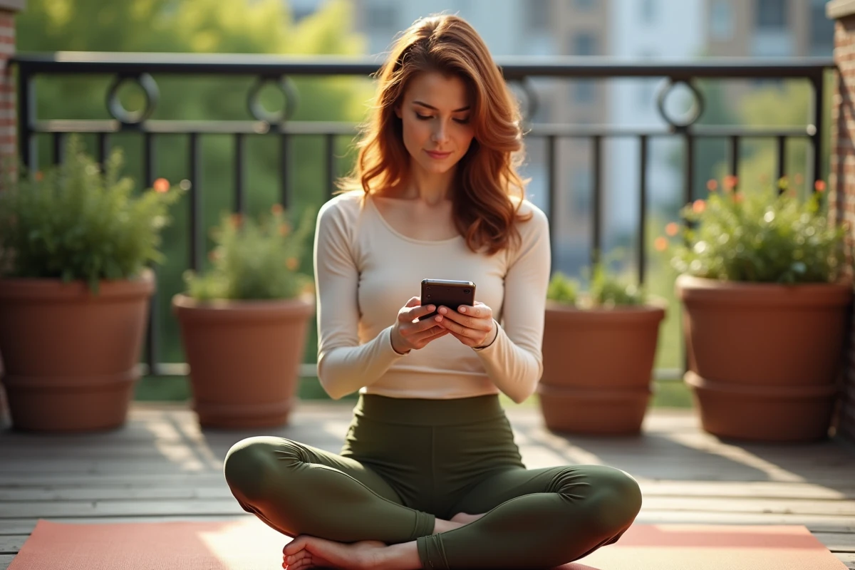 Femme consultant l'application BetterMe Pilates sur smartphone avant une séance de sport à domicile