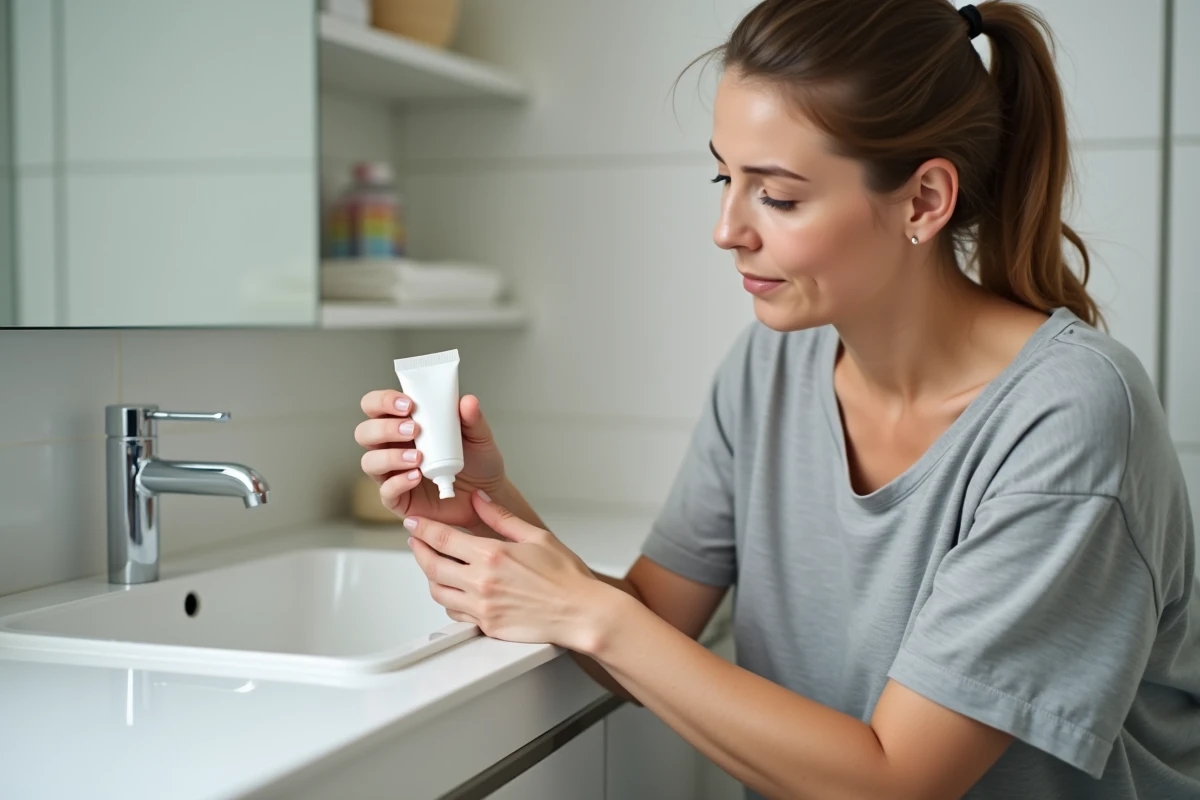 Femme appliquant un gel à base d'acide hyaluronique sur la peau irritée du poignet, soin dermatologique à domicile
