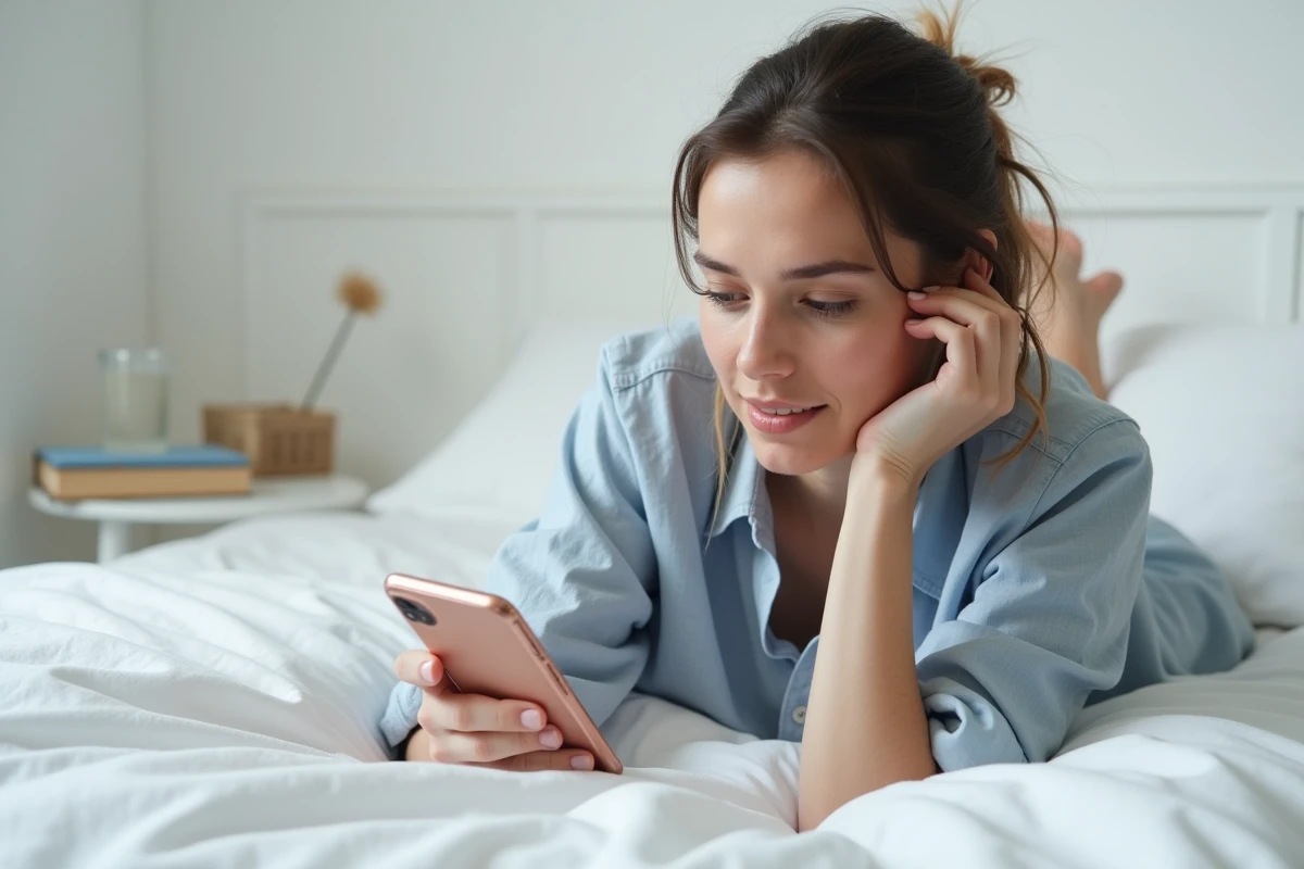 Femme enceinte consultant une application de suivi de cycle menstruel irrégulier sur smartphone