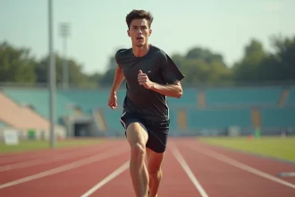 Jeune homme courant en sprint sur une piste d'athlétisme