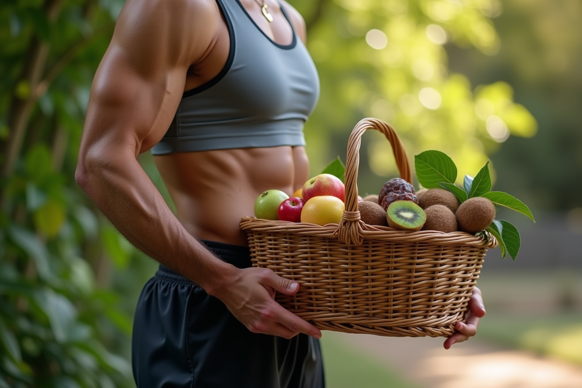 Athlète musclé avec panier de fruits énergisants en plein air