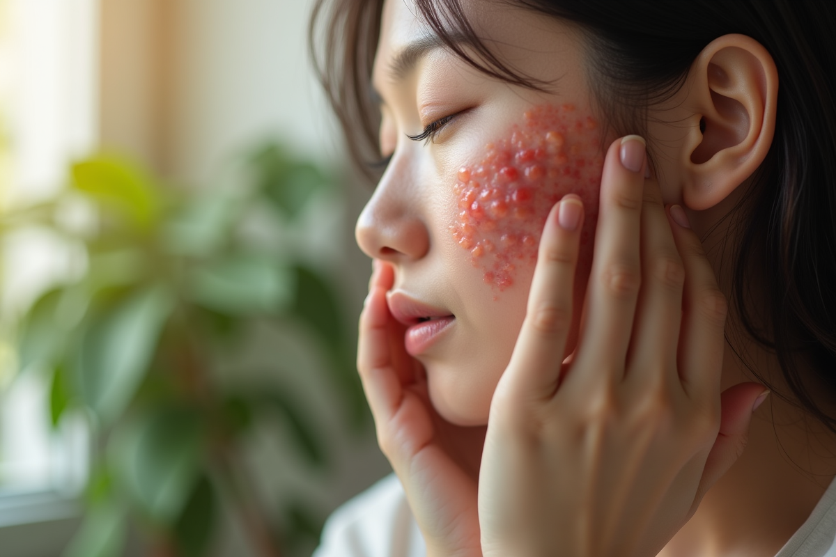 Main touchant la peau du visage avec rougeurs et sécheresse