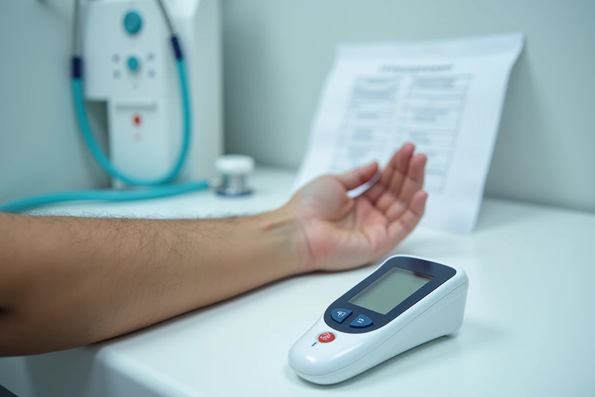 Avant-bras humain posé sur une table médicale à côté d'un glucomètre, illustrant le lien entre fourmillements dans les bras et surveillance du diabète