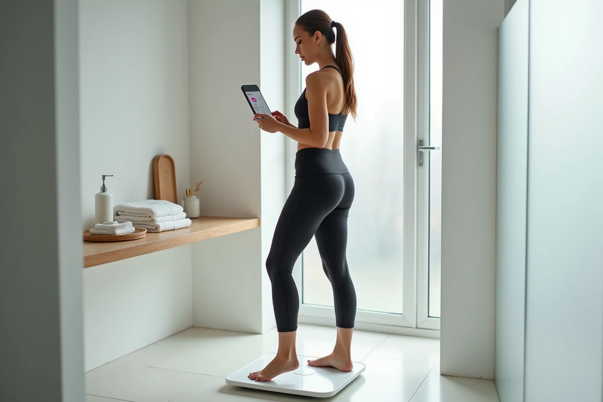 Femme utilisant une balance impédancemètre connectée dans une salle de bain moderne avec application santé sur smartphone