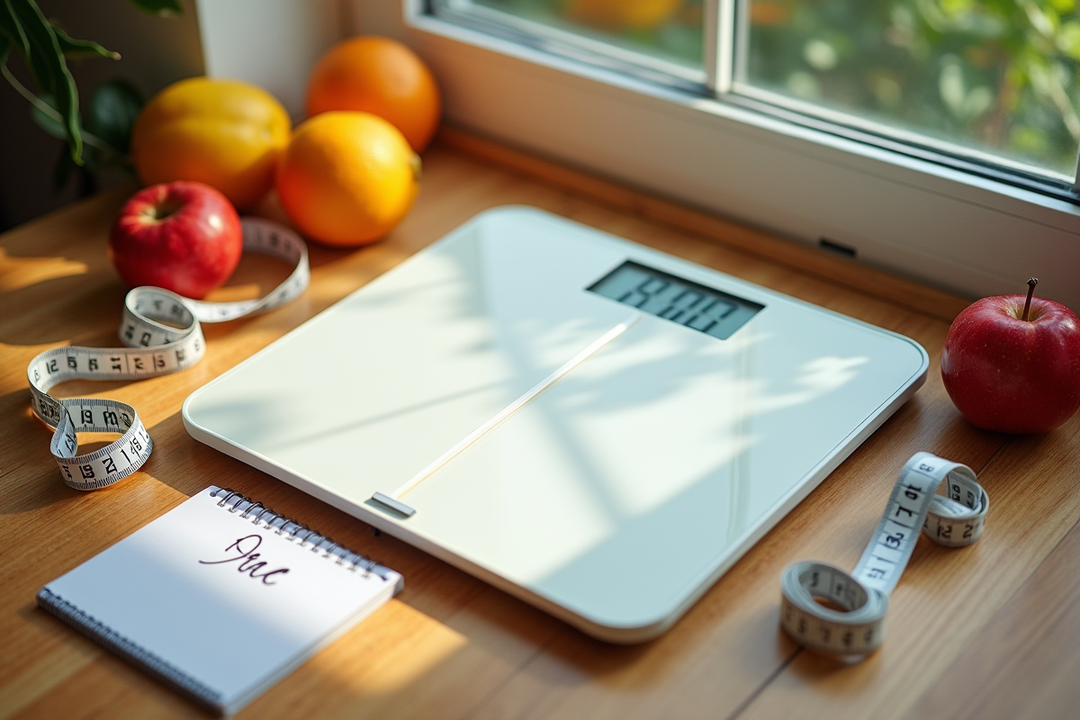 Balance numérique et plan de perte de poids avec fruits
