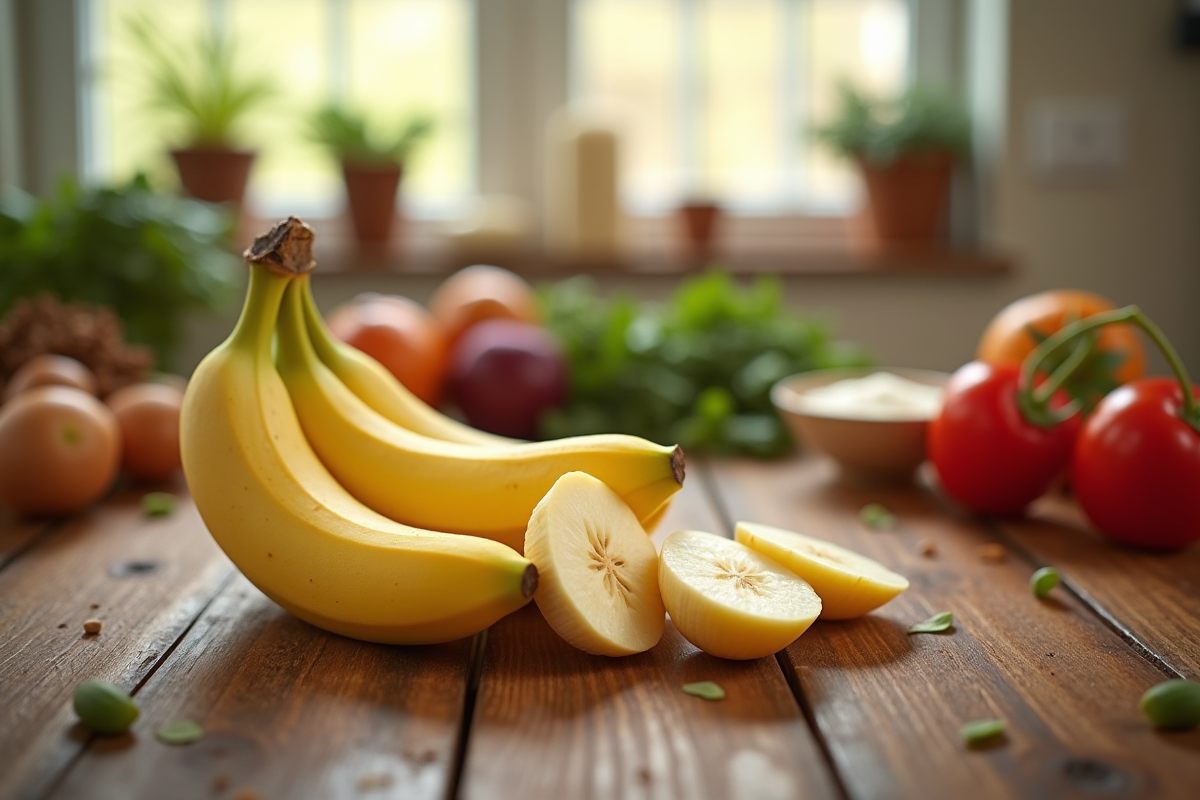 Banane fraîche coupée sur une table en bois avec ingrédients sains