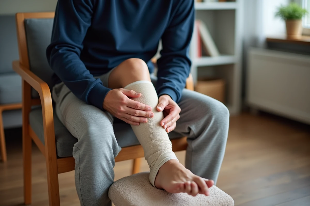 Homme bandant sa jambe atteinte d'algodystrophie à domicile pour soulager la douleur chronique