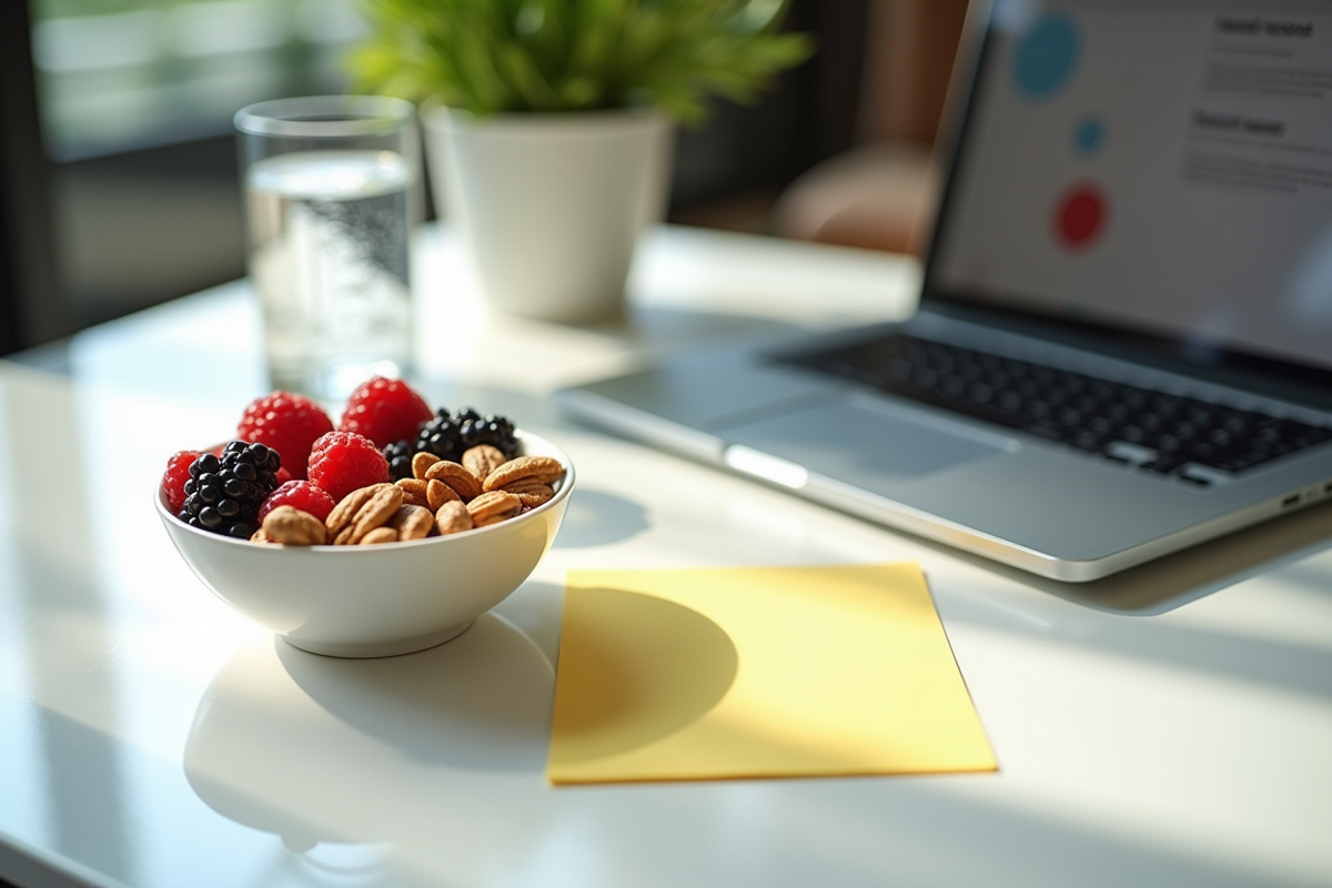 Bureau moderne avec snack sain et eau de golf en lumière naturelle