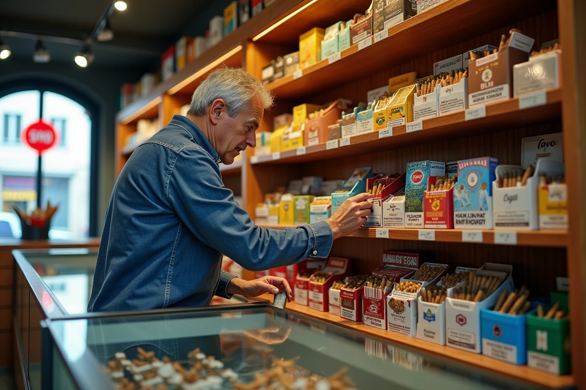 Intérieur d'un bureau de tabac français avec des présentoirs de cigarettes et un buraliste en train de ranger les paquets