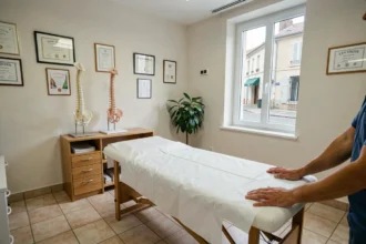 Salle de consultation d'ostéopathie dans la Vienne avec table de traitement et diplômes encadrés