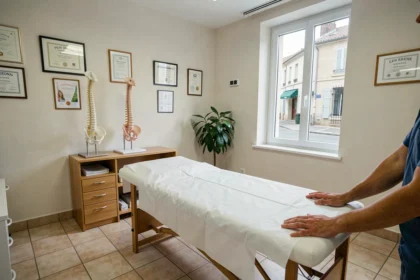 Salle de consultation d'ostéopathie dans la Vienne avec table de traitement et diplômes encadrés