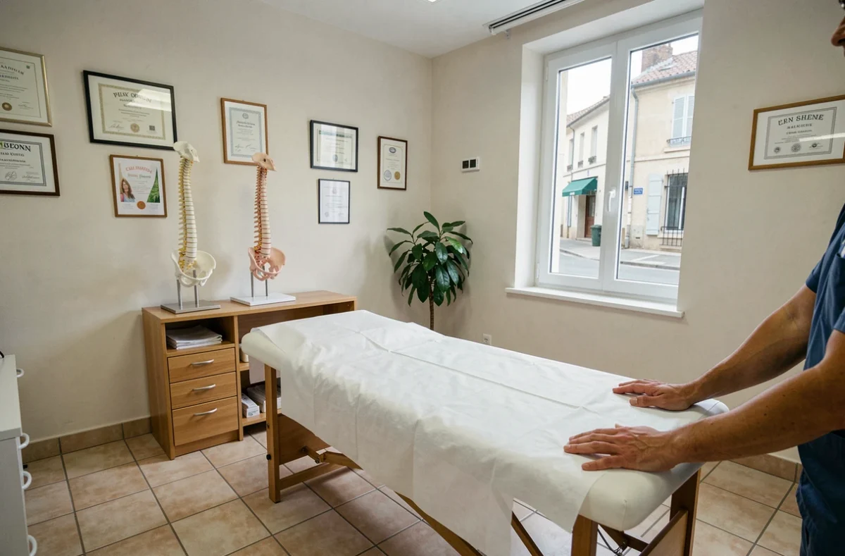 Salle de consultation d'ostéopathie dans la Vienne avec table de traitement et diplômes encadrés