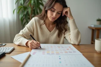 Femme calculant sa date probable d'accouchement sur un calendrier papier avec des cycles irréguliers