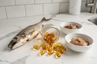 Capsules d'huile de foie de morue dorées renversées sur un plan de travail en marbre blanc avec un morceau de morue séchée