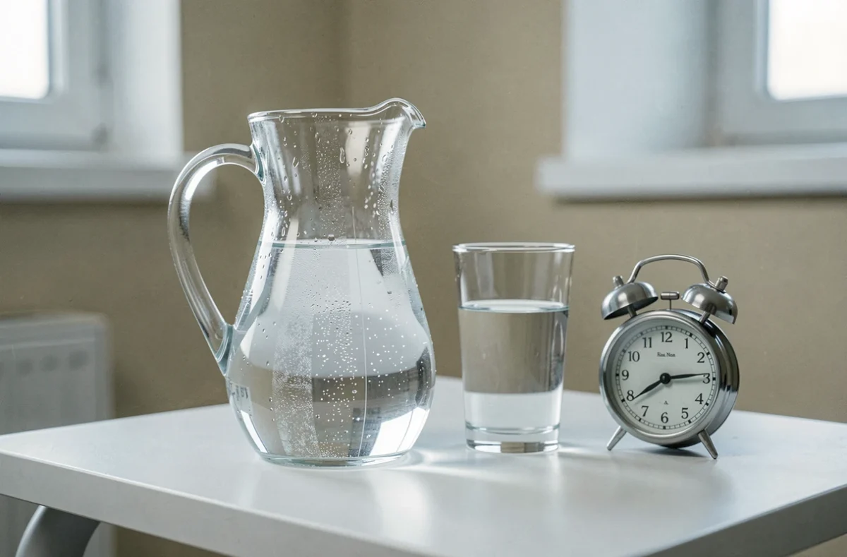 Carafe d'eau et verre vide sur une table de chevet dans un environnement sobre, illustrant la survie par hydratation seule et les limites physiologiques du corps