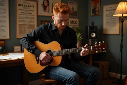 Chanteur fran&ccedil;ais avec guitare dans un studio cr&eacute;atif
