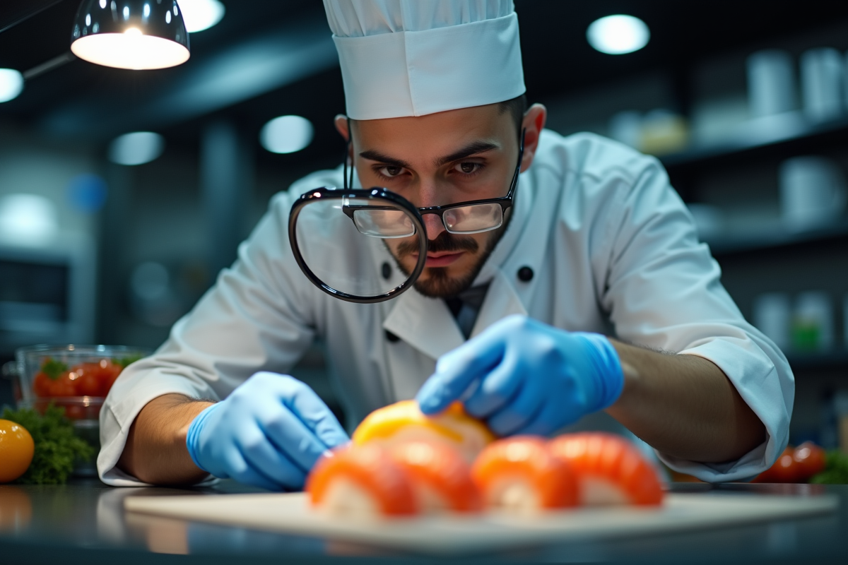 Chef en cuisine moderne inspectant des ingrédients sushi