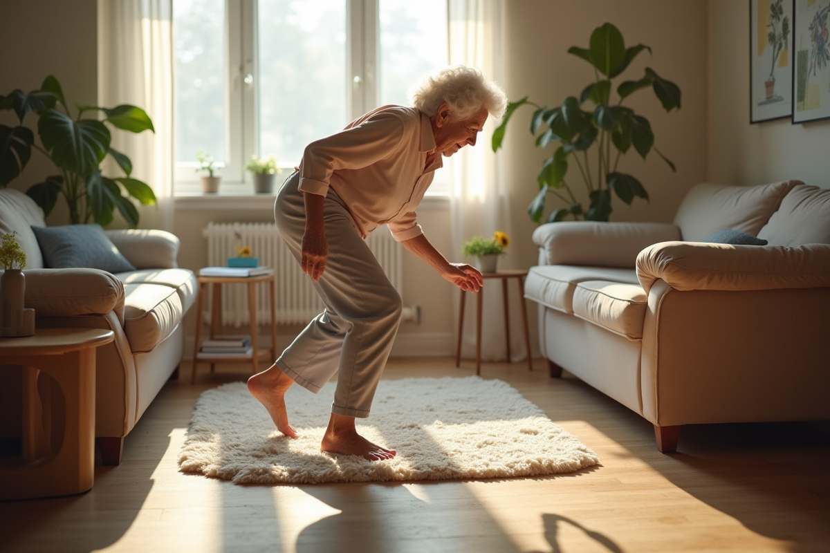 Femme agee perdant l'equilibre sur un tapis de salon