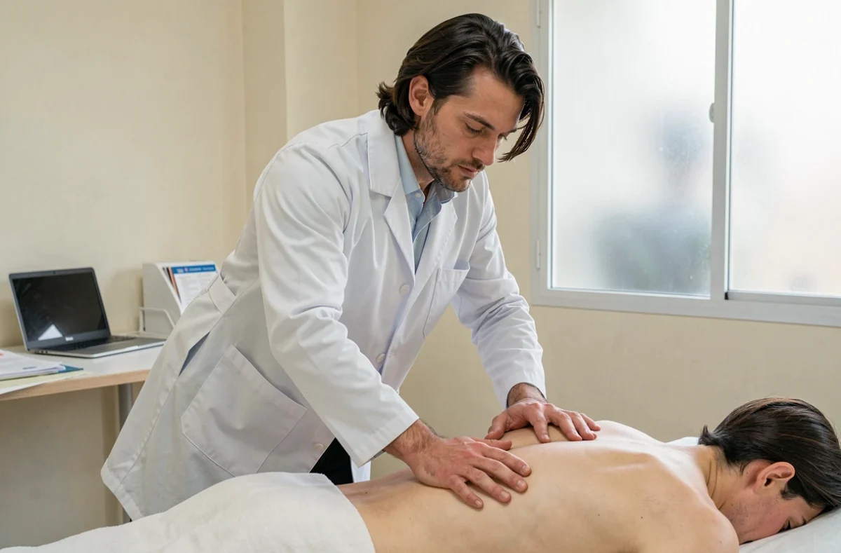 Clément Dersoir, ostéopathe à Iteuil, effectuant une palpation lombaire sur un patient allongé