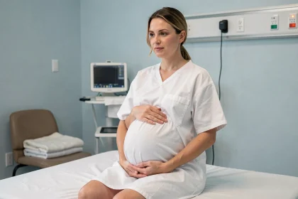Femme enceinte assise sur une table d'examen en salle de maternité, les mains sur le ventre, col à 2 doigts premier bébé