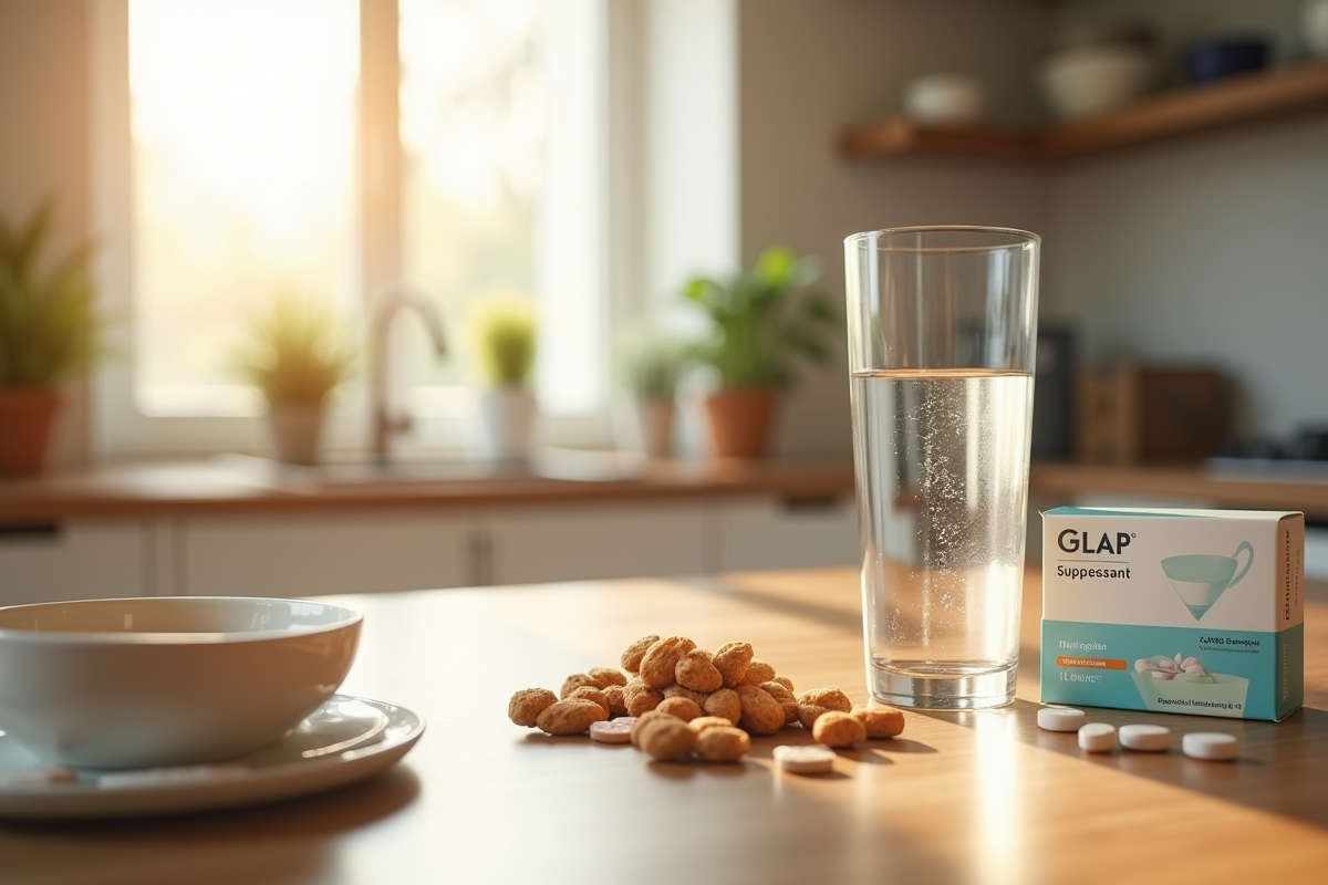 table de cuisine avec collation saine et médicaments suppressants