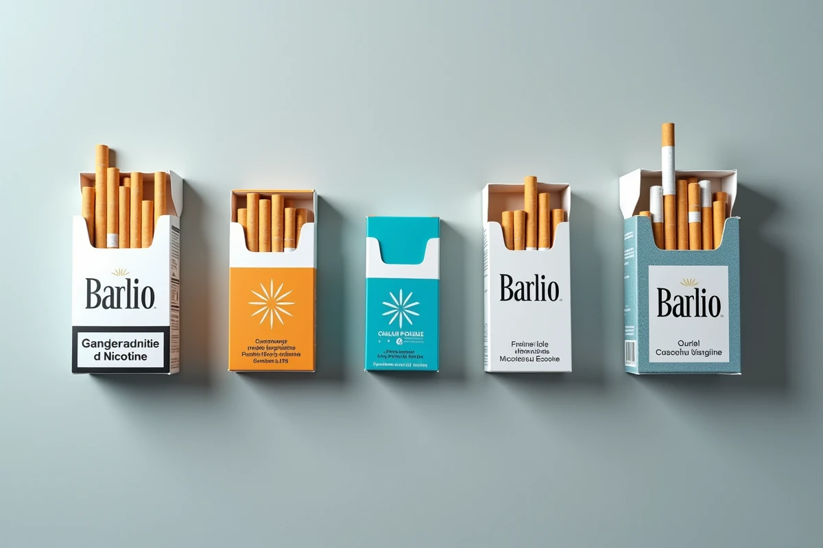 Comparaison de paquets de cigarettes de différentes marques et variantes légères disposés côte à côte sur fond gris