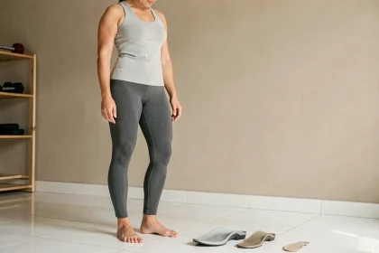 Femme comparant des semelles Akusoli et des semelles minceur classiques posées sur un carrelage blanc, vue en trois quarts dans un intérieur minimaliste