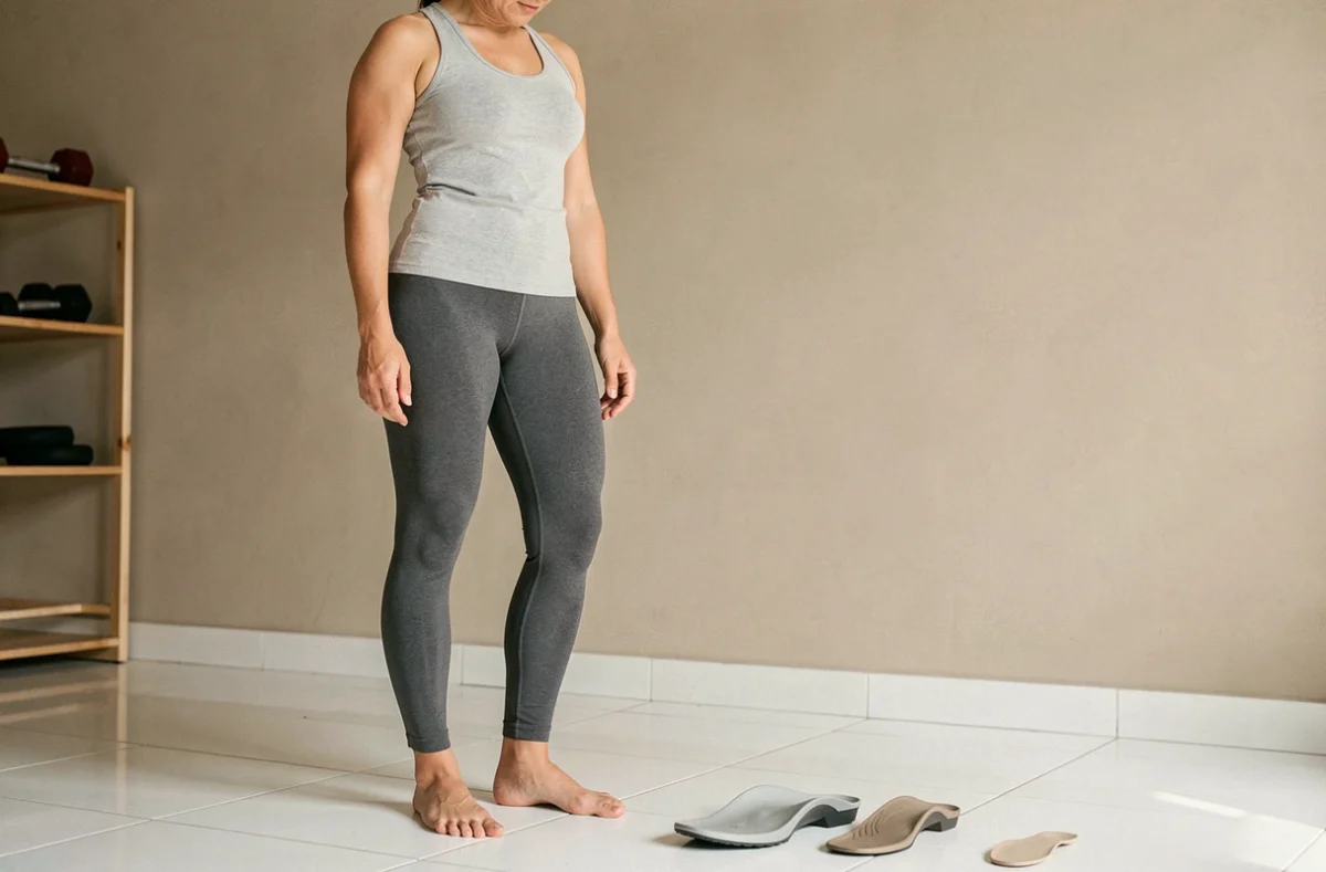 Femme comparant des semelles Akusoli et des semelles minceur classiques posées sur un carrelage blanc, vue en trois quarts dans un intérieur minimaliste