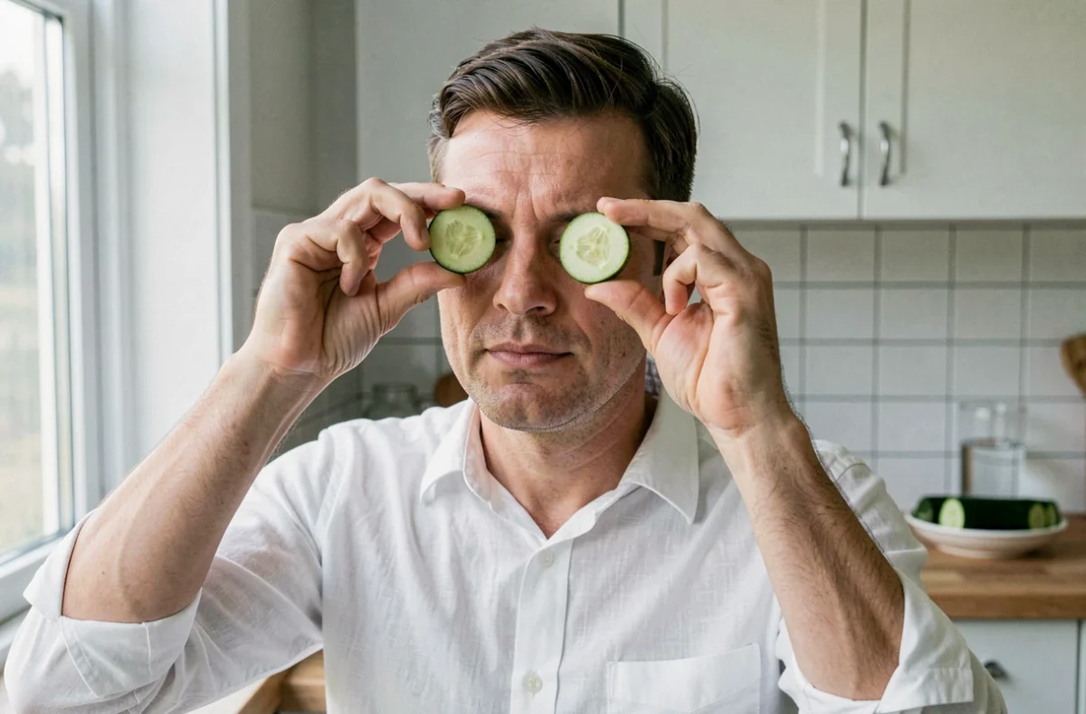 Homme utilisant des rondelles de concombre comme remède naturel contre la fatigue des yeux due aux écrans