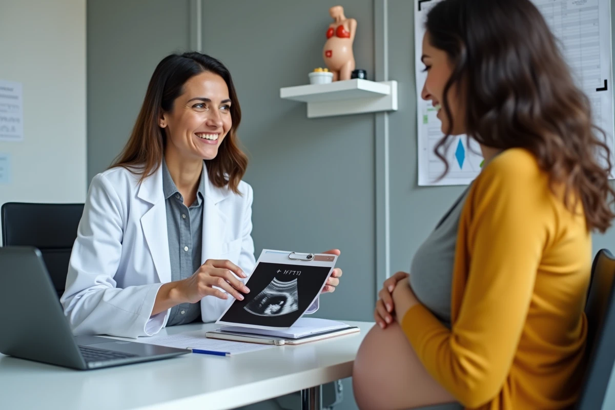 Gynécologue expliquant le calcul de la DPA à une patiente enceinte avec cycles irréguliers lors d'une consultation