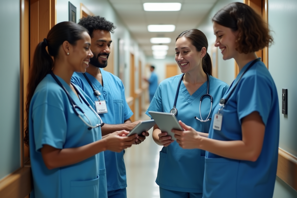 Equipe soignante en consultation dans un couloir d