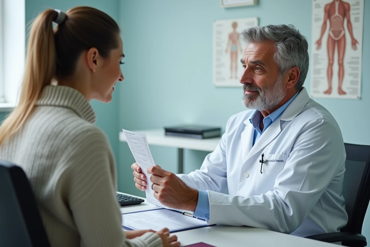 Consultation médicale avec un médecin expliquant à une patiente les résultats IgG anti-VCA positifs et leur interprétation clinique