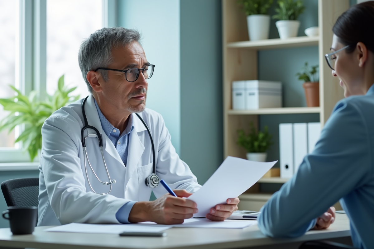 Médecin écoutant une patiente décrivant une douleur abdominale