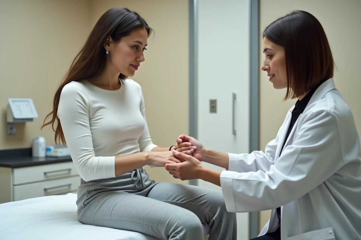 Consultation médicale urgente pour fourmillements dans les mains, médecin examinant la main d'une patiente