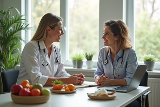 Consultation entre nutritionniste et patient dans un bureau lumineux