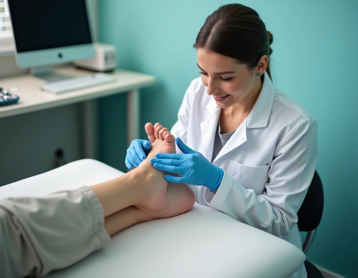 Podologue examinant la face latérale du pied gauche d'un patient en consultation médicale
