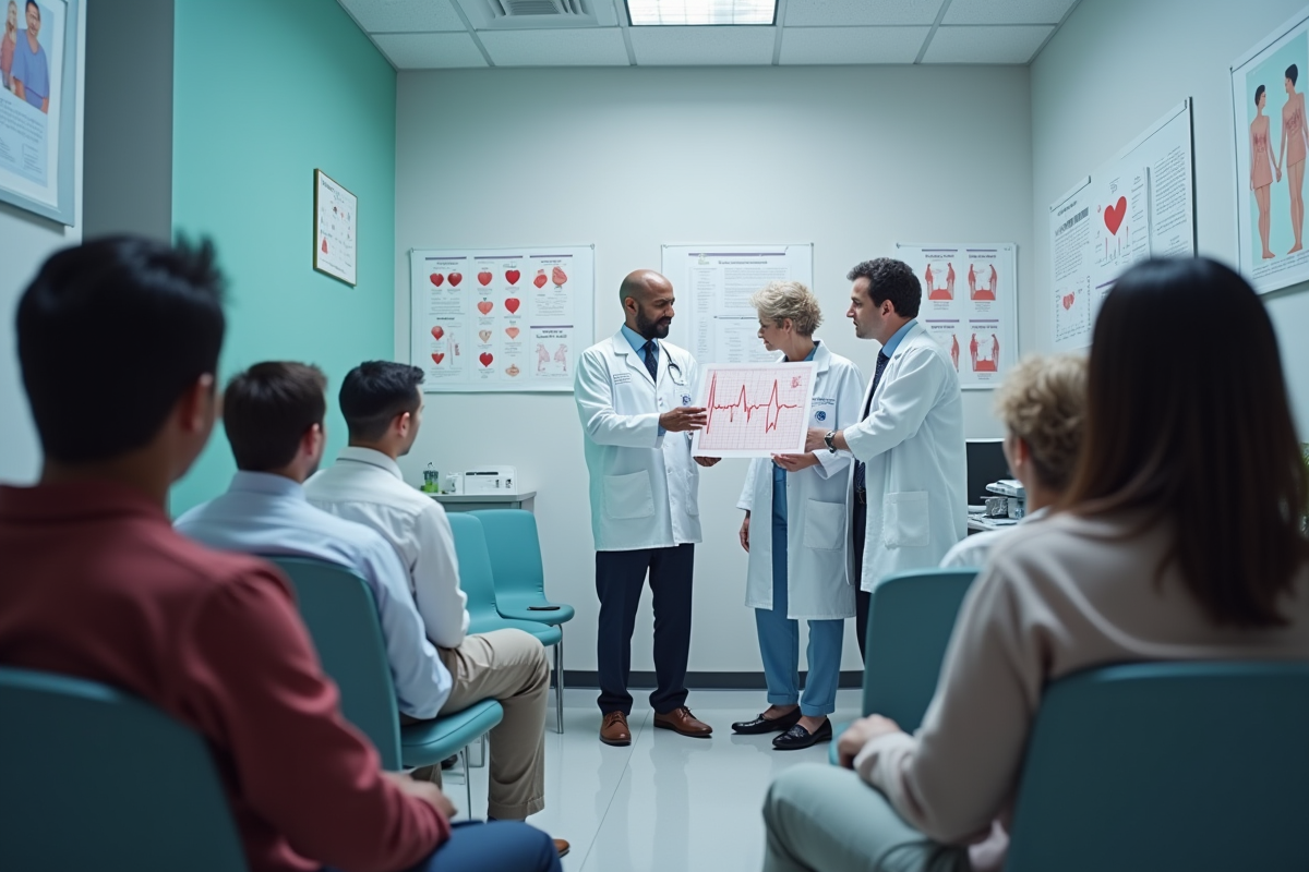 Groupe de patients et docteur dans un cabinet medecin sur la sante du coeur