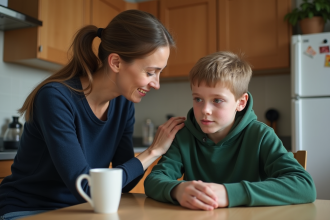 Femme encourageant un adolescent dans la cuisine chaleureuse